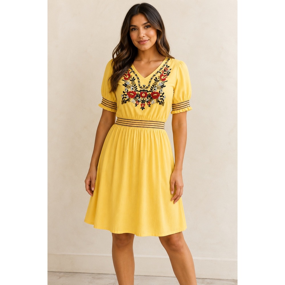 Women's Yellow Embroidered Mexican Style Dress Short Summer Boho Fiesta Small